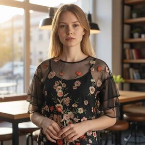 Haute Monde Black Mesh Blouse with Floral Embroidery